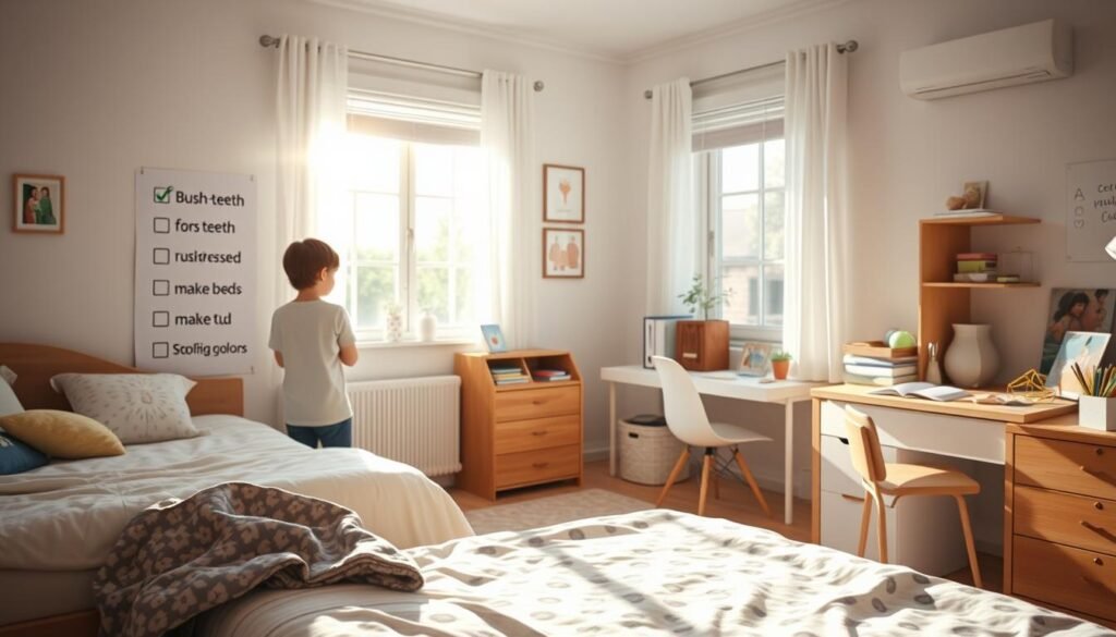 A bright, airy bedroom with natural light streaming through the windows. In the foreground, a young autistic individual follows a visual schedule, methodically checking off each task - brushing teeth, getting dressed, making the bed. The middle ground features calming sensory items like a weighted blanket, fidget toys, and soothing colors. In the background, a tidy workspace with organized school supplies and a family photo, conveying a sense of routine and structure. The overall atmosphere is one of gentle reassurance, where the morning routine provides a sense of control and comfort for the autistic individual.