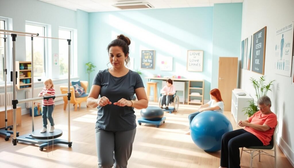 A bright, airy occupational therapy clinic with natural light flooding through large windows. In the foreground, a therapist guides a patient through a series of exercises using specialized equipment - parallel bars, balance boards, and therapy balls. The patient's face is focused and determined as they work to regain mobility and independence. In the middle ground, other patients engage in activities like arts and crafts, playing with therapeutic toys, and practicing daily living skills. The background features a soothing color palette of blues and greens, with inspirational wall art and motivational posters. The overall mood is one of progress, empowerment, and the collaborative journey of occupational therapy. A bright, airy occupational therapy clinic with natural light flooding through large windows. In the foreground, a therapist guides a patient through a series of exercises using specialized equipment - parallel bars, balance boards, and therapy balls. The patient's face is focused and determined as they work to regain mobility and independence. In the middle ground, other patients engage in activities like arts and crafts, playing with therapeutic toys, and practicing daily living skills. The background features a soothing color palette of blues and greens, with inspirational wall art and motivational posters. The overall mood is one of progress, empowerment, and the collaborative journey of occupational therapy.