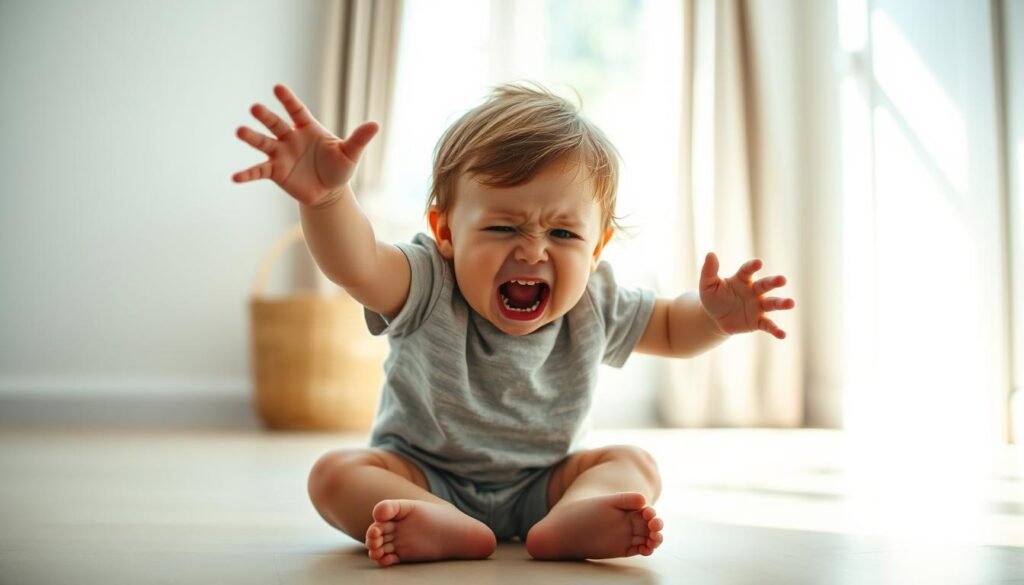 A bright, airy room with a young child sitting on the floor, their face contorted in a tantrum expression. The child's body language conveys frustration, with arms flailing and legs kicking. Soft natural light filters in through a window, casting gentle shadows across the scene. The background is blurred, emphasizing the child's emotional state. The composition is slightly off-center, creating a sense of dynamism. The scene captures the typical behavioral characteristics of a tantrum in early childhood development, with vivid detail and an empathetic, observational tone.