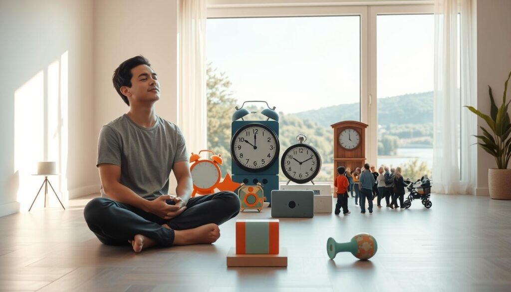 A bright, serene room with soft lighting and calming colors. In the foreground, a person sitting cross-legged on the floor, eyes closed, hands resting gently on their lap, exuding a sense of tranquility and focus. In the middle ground, various objects are arranged to represent common autism triggers: a flickering light, a ticking clock, a loud toy, and a crowded scene. These elements are placed in a way that suggests they are being observed and acknowledged, but not actively engaging the person. In the background, a soothing natural landscape with lush greenery, a calming body of water, and a clear, open sky, creating a serene and grounding atmosphere. The overall composition conveys a sense of understanding, control, and the ability to find peace amidst potential sources of distress.