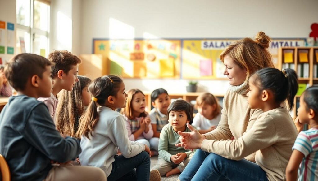 A brightly lit classroom with students of diverse backgrounds engaged in activities that foster emotional awareness and expression. In the foreground, a teacher guides a group discussion, their warm, encouraging demeanor helping students identify and articulate their feelings. In the middle ground, pairs of students practice active listening and empathy exercises, their faces filled with concentration. The background reveals colorful wall displays and interactive learning stations, all designed to cultivate emotional intelligence. Soft, natural lighting filters in, creating an atmosphere of openness and trust, where students feel safe to explore their inner selves.