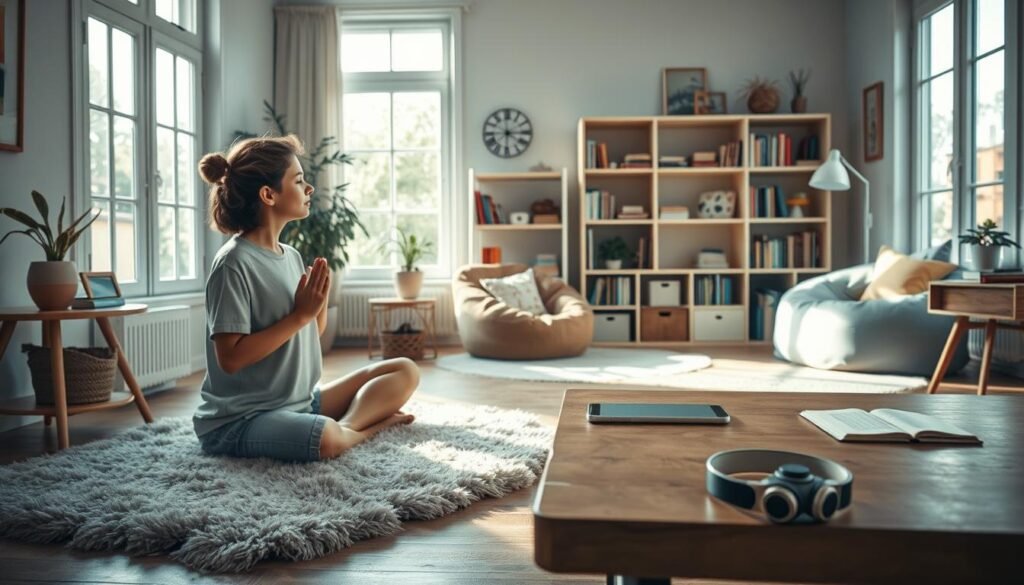 A calm and soothing interior scene depicting various autism meltdown prevention strategies and emotional regulation techniques. In the foreground, a person sits cross-legged on a soft, plush rug, practicing deep breathing exercises. Nearby, a fidget spinner and noise-cancelling headphones rest on a wooden table, providing sensory tools for self-regulation. The middle ground features a cozy reading nook with a beanbag chair and shelves stocked with calming books and resources. In the background, natural light filters through large windows, illuminating the space with a serene, peaceful atmosphere. The overall mood is one of tranquility and mindfulness, inviting the viewer to explore effective strategies for managing meltdowns in autism spectrum disorder.