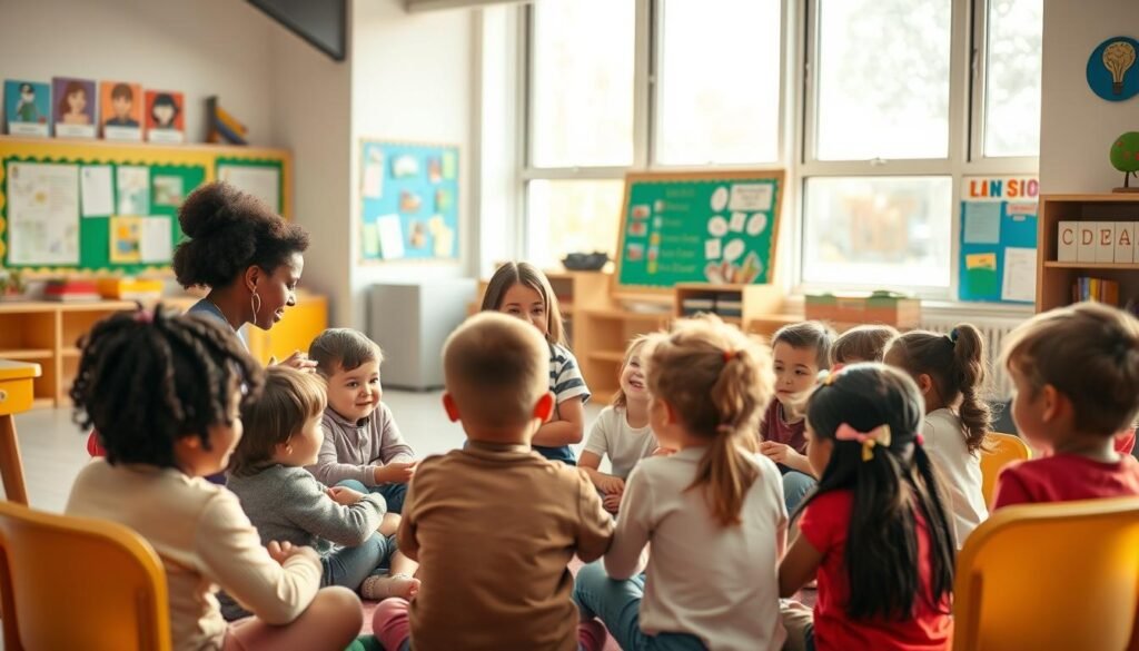 A cheerful, inclusive classroom setting where students of diverse backgrounds engage in collaborative activities. In the foreground, a group of children sit in a circle, sharing stories and emotions. The middle ground features a teacher guiding the discussion, encouraging empathy and understanding. Soft, natural lighting filters through large windows, casting a warm glow on the scene. The background depicts colorful, educational displays and cozy furnishings, creating a nurturing, supportive environment. The overall atmosphere conveys a sense of community, acceptance, and emotional well-being.