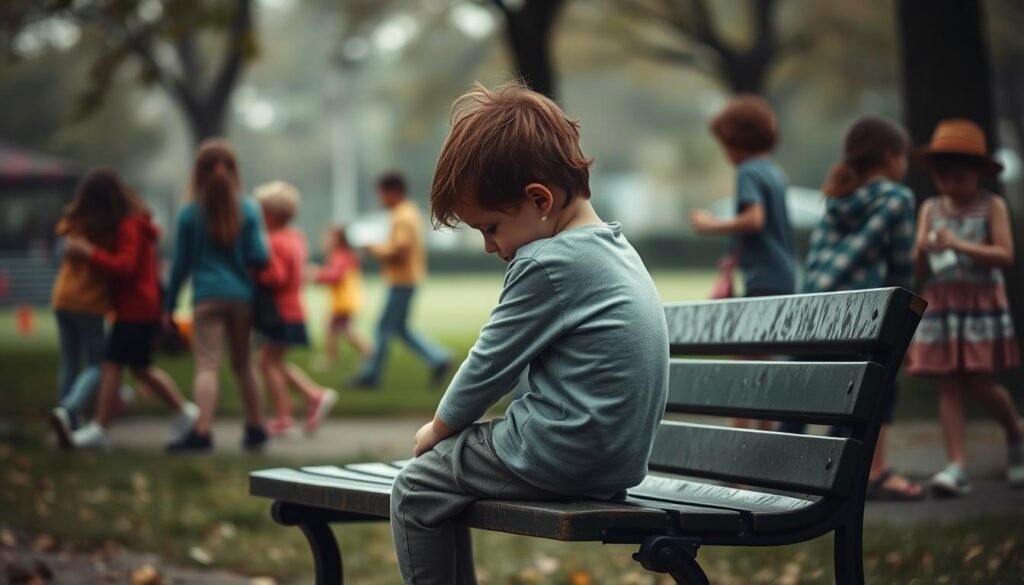 A child sitting alone on a park bench, shoulders hunched, face downcast, surrounded by other children playing and interacting. The scene is bathed in muted, overcast lighting, casting a pensive, melancholic mood. The child's body language and isolated position convey a sense of social discomfort and difficulty connecting with peers. The background is blurred, emphasizing the child's detachment from the social environment. The image evokes a feeling of loneliness and the challenges faced by a child struggling with social skills and interaction.