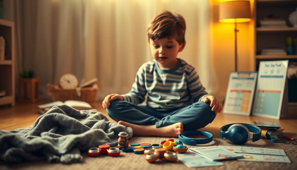 A child sitting cross-legged on the floor, surrounded by a variety of sensory tools and calming objects. Warm, soft lighting illuminates the scene, creating a serene atmosphere. In the foreground, a weighted blanket, fidget spinners, and noise-cancelling headphones suggest strategies for managing sensory needs. The middle ground features a visual schedule and communication cards, hinting at organizational and communication aids. The background softly blurs, emphasizing the focal point of the child's focused, thoughtful expression as they engage with the coping tools.