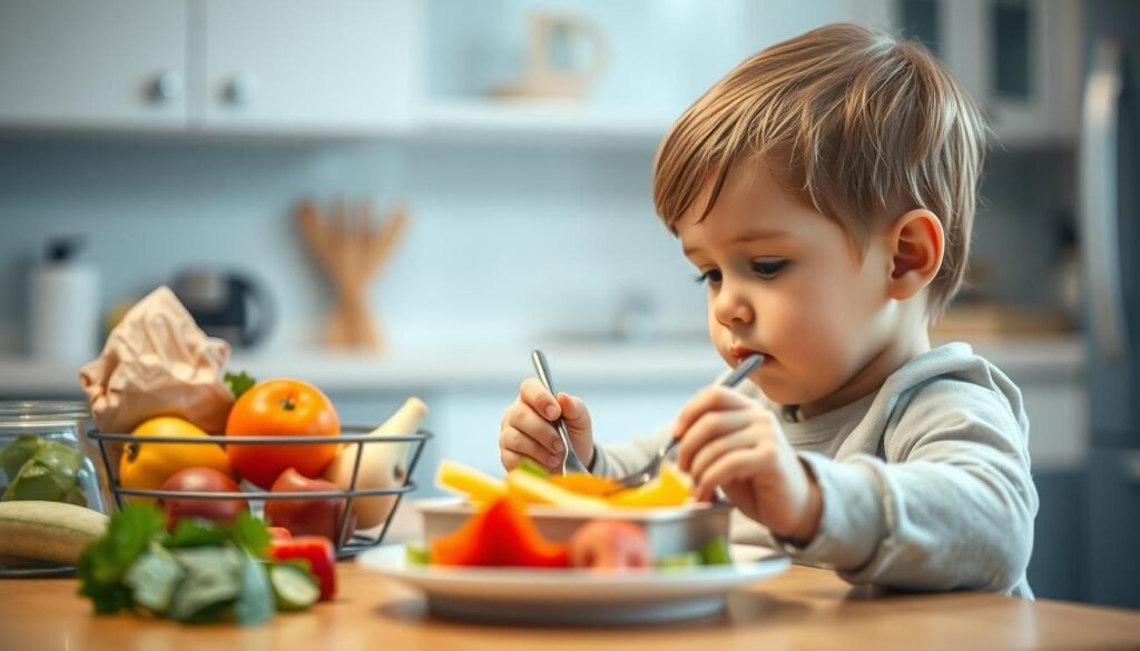 A child with autism seated at a table, intently focused on their meal. The scene is brightly lit, with soft, diffused lighting creating a warm, inviting atmosphere. In the foreground, the child's hands delicately manipulate utensils, demonstrating their developing practical skills. The middle ground features a variety of healthy, colorful food items, arranged in an appealing manner to encourage engagement. The background depicts a calm, serene kitchen setting, with minimal distractions to allow the child to concentrate on the task at hand. The overall composition conveys a sense of progress, highlighting the child's growing independence and mastery of mealtime activities.