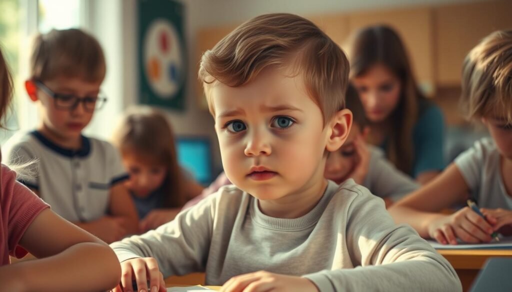 A classroom setting with a group of children engaged in a learning activity. The central figure, a young child with autism, appears to be struggling to maintain eye contact and participate in the group interaction. Soft, natural lighting illuminates the scene, creating a sense of warmth and empathy. In the background, other children are working together, their expressions conveying a range of emotions, from concentration to confusion. The composition emphasizes the isolation and social communication challenges faced by the child with autism, while subtly suggesting the importance of fostering joint attention and social engagement in this context.