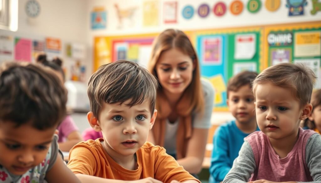 A classroom setting with a group of children of varying ages, engaged in different learning activities. The foreground shows a young student with a thoughtful expression, grappling with a learning challenge. The middle ground depicts a teacher, guiding and supporting the students, their faces reflecting a mix of understanding and concern. In the background, a colorful, vibrant display of educational materials, posters, and resources suggests an environment designed to foster learning and accommodate diverse needs. Warm, natural lighting filters through the windows, creating a sense of openness and possibility. The overall mood is one of empathy, patience, and a commitment to helping children overcome their learning disabilities.