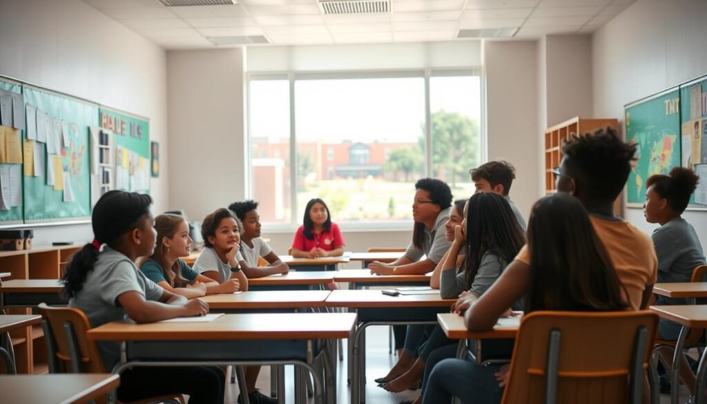 A classroom setting, with desks and chairs arranged in a semicircle, creating an inviting and inclusive atmosphere. The walls are adorned with colorful posters and artwork, reflecting the diverse student population. Soft, natural lighting streams in through large windows, illuminating the scene. In the foreground, a group of students of varying ages and backgrounds are engaged in a collaborative discussion, their expressions conveying a sense of mutual understanding and respect. In the middle ground, the teacher, a warm and approachable figure, is facilitating the conversation, guiding the students towards a deeper appreciation of the shift from integration to inclusion in the U.S. educational system. The background depicts a panoramic view of a vibrant, modern school campus, symbolizing the progress and evolution towards a more equitable and inclusive learning environment.