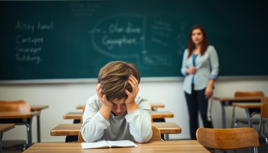 A classroom setting with desks, chairs, and chalkboard in the background. In the foreground, a student sitting at a desk, struggling to focus, their head in their hands. Expressions of frustration and confusion on their face. A teacher standing nearby, observing the student with a concerned expression. Soft, muted lighting creates a contemplative atmosphere, highlighting the student's inner turmoil. The scene conveys the challenges faced by students with learning disabilities as they navigate the academic environment.