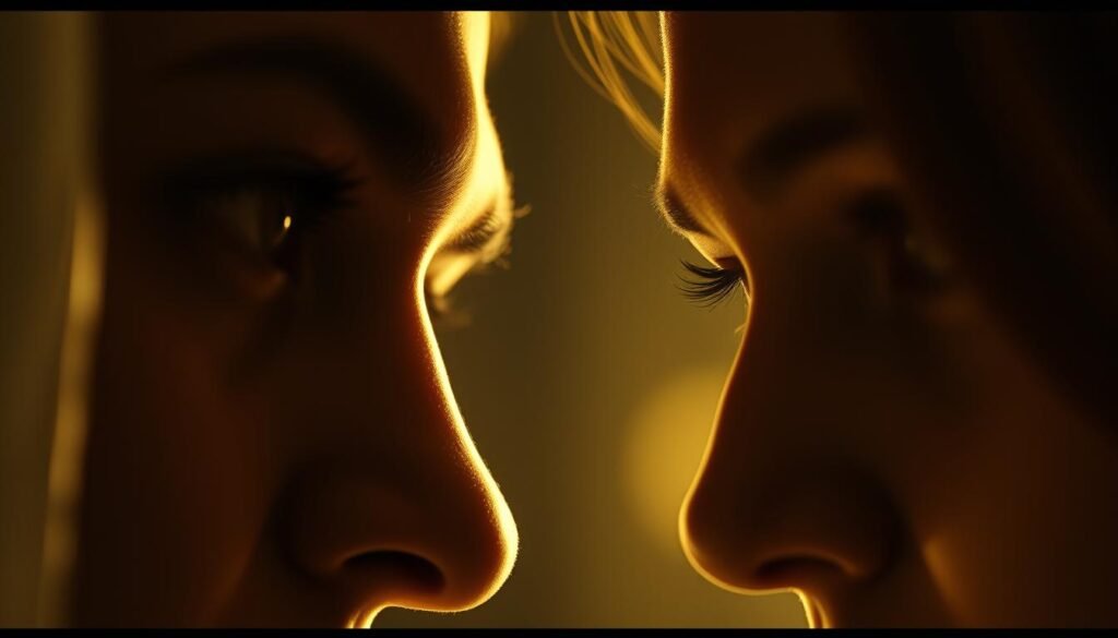 A close-up view of two people's eyes locked in intense eye contact, capturing the challenge and tension of nonverbal communication. The faces are partially obscured, emphasizing the focus on the eyes. Soft, warm lighting casts a gentle glow, creating an intimate and introspective atmosphere. The background is blurred, drawing the viewer's attention solely to the captivating exchange of gazes. The image conveys the importance of eye contact in understanding nonverbal cues and the subtle complexities that can arise in interpersonal interactions.