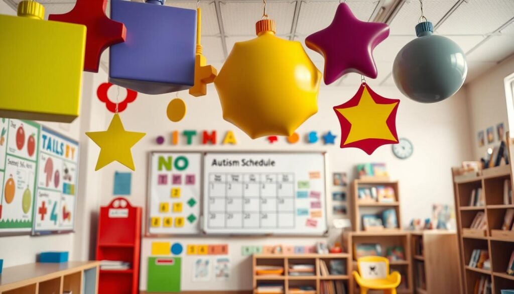 A colorful and vibrant classroom scene with various visual aids designed for autistic children. In the foreground, large, simplified shapes and symbols in primary colors hang from the ceiling, inviting tactile interaction. In the middle ground, a whiteboard displays a clear daily schedule with pictograms, while a sensory wall features different textures and patterns. In the background, a cozy reading nook is surrounded by shelves filled with picture books and visual story cards. Soft, diffused lighting sets a calming, inclusive atmosphere, and the overall composition emphasizes the importance of multisensory learning for autistic students.