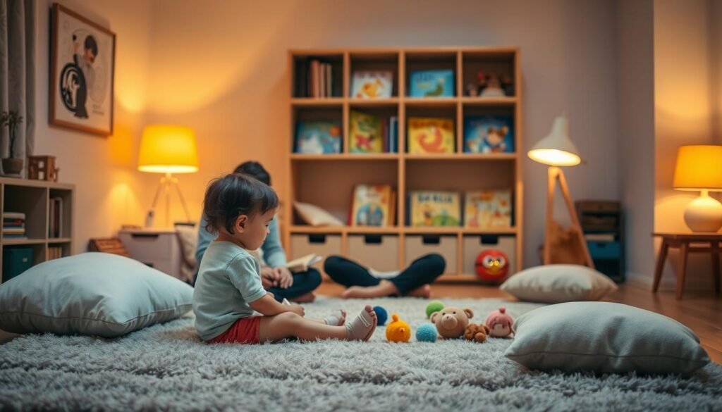A cozy child's room, dimly lit with soft yellow lamps, creating a warm, inviting atmosphere. In the foreground, a small child sits comfortably on a plush rug, surrounded by soft toys and pillows, engaged in an imaginative play session. In the middle ground, a therapist, their face obscured, sits cross-legged on the floor, gently guiding the child through a structured activity, fostering a sense of trust and safety. The background depicts a bookshelf filled with colorful children's books, a calming scene that reflects the serene and nurturing environment designed to put the child at ease during their therapy session.