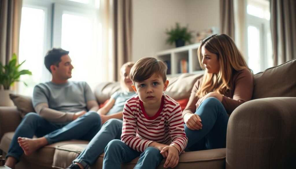 A cozy living room scene, soft natural lighting filters through the windows, illuminating a family gathered on a plush sofa. A young child, their expression troubled, sits slightly apart from their parents, who gaze at them with concern. Subtle shifts in body language and facial cues suggest unspoken emotional distress. The room's atmosphere is one of quiet unease, hinting at the &quot;Subtle Behavioral Changes That Signal Deeper Problems&quot; the article explores.