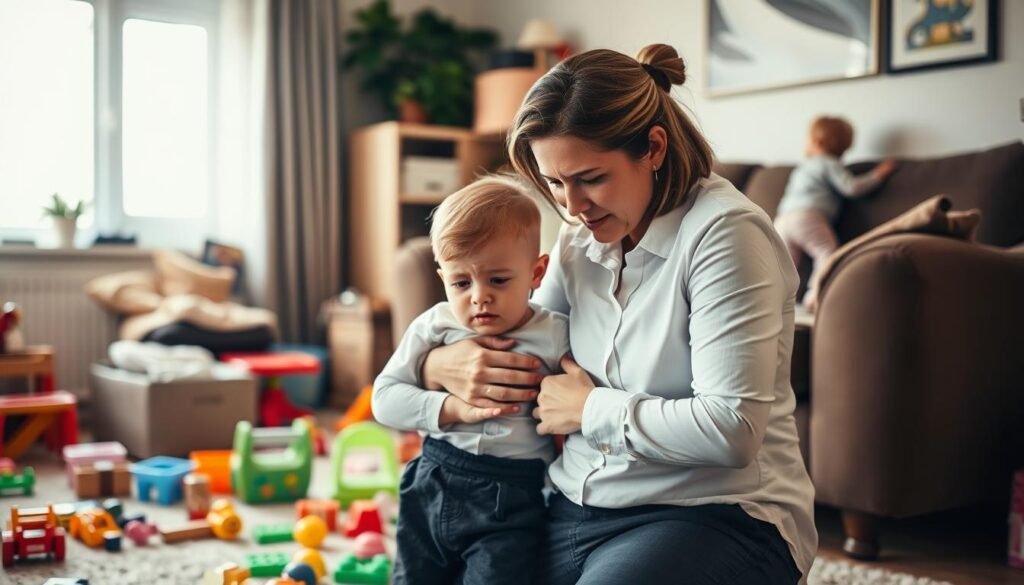 A cozy living room with toys scattered across the floor, a young child throwing a tantrum in the foreground, while a weary parent tries to console them with a gentle embrace. The scene is lit by soft, warm lighting, creating an atmosphere of patience and understanding. In the background, a toddler is climbing on the furniture, testing the parent's vigilance. The room is cluttered but lived-in, reflecting the daily challenges of parenthood. The parent's expression conveys a mix of tiredness and unwavering love, highlighting the importance of patience in navigating these common parenting obstacles.