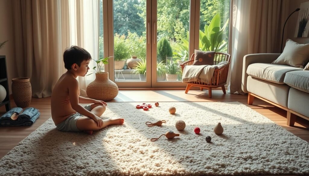 A cozy morning scene of a sensory-seeking individual engaging in a calming routine. In the foreground, soft natural light filters through sheer curtains, illuminating a plush tactile rug where the person sits cross-legged, fingers tracing the textured surface. On a low table, an assortment of sensory toys - fidget spinners, weighted blankets, and textured objects - invite exploration. The mid-ground features a large window overlooking a lush garden, the greenery and birdsong providing soothing visual and auditory stimuli. Warm wooden furniture and muted earth-toned accents create a harmonious, grounding atmosphere. Gentle background music or the hum of a white noise machine add to the peaceful ambiance, enabling the person to engage their senses in a mindful, restorative morning routine. A cozy morning scene of a sensory-seeking individual engaging in a calming routine. In the foreground, soft natural light filters through sheer curtains, illuminating a plush tactile rug where the person sits cross-legged, fingers tracing the textured surface. On a low table, an assortment of sensory toys - fidget spinners, weighted blankets, and textured objects - invite exploration. The mid-ground features a large window overlooking a lush garden, the greenery and birdsong providing soothing visual and auditory stimuli. Warm wooden furniture and muted earth-toned accents create a harmonious, grounding atmosphere. Gentle background music or the hum of a white noise machine add to the peaceful ambiance, enabling the person to engage their senses in a mindful, restorative morning routine.