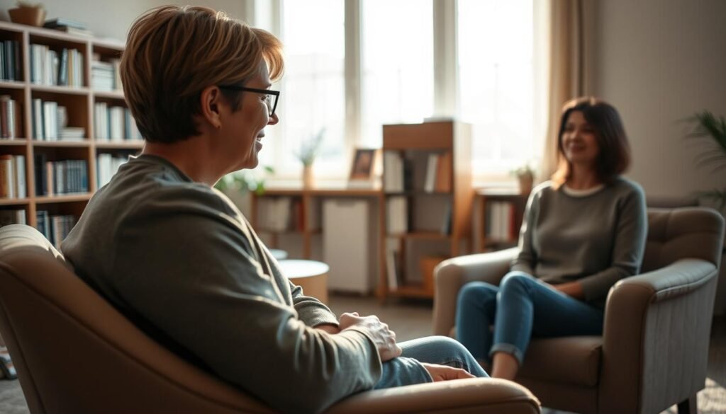 A cozy, well-lit therapy office with comfortable armchairs and a calming atmosphere. In the foreground, a therapist and patient engaged in a thoughtful discussion, their body language conveying openness and trust. The therapist's expression is warm and attentive, while the patient appears at ease, leaning forward slightly. Soft, natural lighting filters in through large windows, creating a sense of serenity. In the background, bookshelves line the walls, suggesting a space of knowledge and expertise. The overall scene reflects the process of building a collaborative, supportive relationship between the therapist and patient.