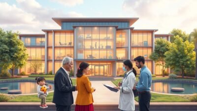 A detailed architectural illustration of a modern, energy-efficient office building with a warm, inviting atmosphere. The foreground features a group of diverse individuals - a family with a child, an elderly couple, and a young professional - consulting with a healthcare provider about insurance coverage for neurodevelopmental disorder assistance. The middle ground showcases an array of healthcare services and support resources available, while the background depicts a serene, park-like setting with lush greenery and a calming water feature. The lighting is soft and diffused, creating a sense of comfort and care. The overall composition conveys a message of accessibility, empowerment, and comprehensive support for those navigating the complexities of insurance coverage for autism services.