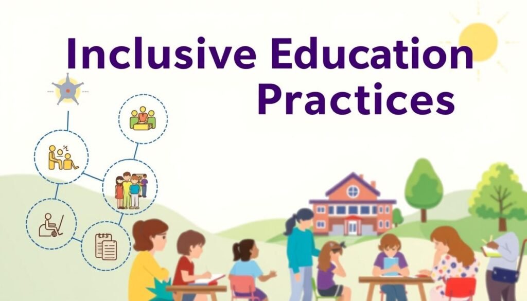 A detailed, colorful illustration of an "Inclusive Education Practices Framework" against a warm, inviting background. The foreground depicts interconnected icons representing key aspects of inclusive education - accessibility, diversity, collaboration, and student-centered approaches. The midground shows a diverse group of students and educators engaged in interactive, hands-on learning activities. The background features a softly blurred landscape with elements symbolizing an inclusive, equitable learning environment - a school building, trees, and a bright, sun-dappled sky. Rendered with a cohesive, vibrant color palette and a sense of harmony, the image conveys the foundational principles of inclusive education practices.