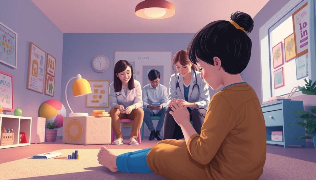 A detailed illustration of the core framework of applied behavior analysis for autism. In the foreground, a child engaged in a structured therapeutic activity, surrounded by visual aids, symbols, and reinforcement tools. In the middle ground, a team of specialists observing and guiding the session, utilizing behavioral analysis techniques. The background depicts a calming, sensory-friendly environment with soothing lighting and textures, reflecting the principles of the ABA approach. Rendered in a harmonious color palette, the scene conveys the collaborative, evidence-based nature of this therapeutic intervention.