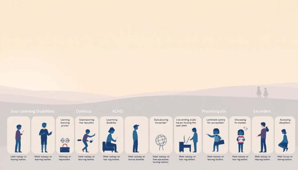 A detailed overview of the main types of learning disabilities, showcased in a clean and informative illustration. In the foreground, distinct icons or symbols represent various learning challenges such as dyslexia, ADHD, dyscalculia, and processing disorders. The middle ground features simplified human figures in different learning scenarios, highlighting the diverse manifestations of these conditions. The background hosts a serene, minimalist landscape with soothing colors and soft lighting, creating a calm and contemplative atmosphere. The overall composition should strike a balance between educational clarity and visual appeal, guiding the viewer through the complexities of learning disabilities in an accessible and visually engaging manner.