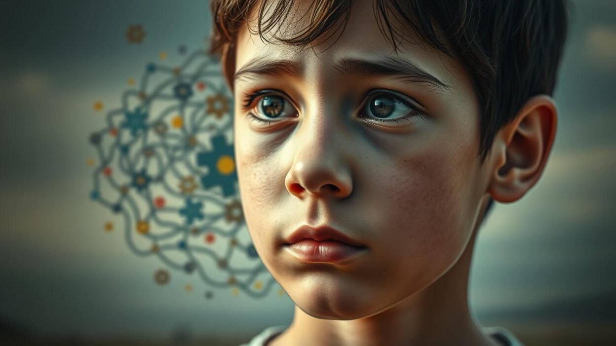 A detailed portrait depicting the core characteristics and symptoms of autism spectrum disorder. In the foreground, a young individual with a pensive expression, their face softly illuminated, conveying a sense of introspection and sensory sensitivity. The middle ground features a swirling, abstract pattern of shapes and colors, representing the complex neurological processing and cognitive differences associated with autism. In the background, a hazy, dreamlike landscape with muted tones, evoking the unique perceptual experiences and emotional landscapes often experienced by those on the spectrum. The overall mood is one of contemplation, highlighting the nuanced and deeply personal nature of the autism experience.