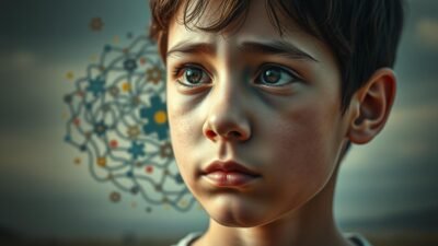 A detailed portrait depicting the core characteristics and symptoms of autism spectrum disorder. In the foreground, a young individual with a pensive expression, their face softly illuminated, conveying a sense of introspection and sensory sensitivity. The middle ground features a swirling, abstract pattern of shapes and colors, representing the complex neurological processing and cognitive differences associated with autism. In the background, a hazy, dreamlike landscape with muted tones, evoking the unique perceptual experiences and emotional landscapes often experienced by those on the spectrum. The overall mood is one of contemplation, highlighting the nuanced and deeply personal nature of the autism experience.