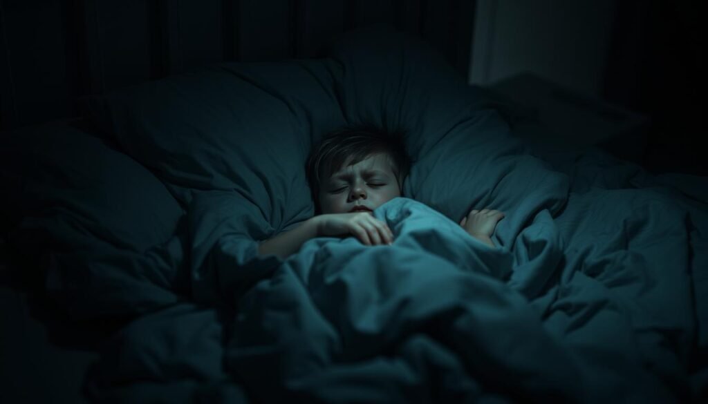 A dimly lit bedroom, with a child tossing and turning in a tangle of sheets, their face etched with distress. Muted colors, muted lighting, conveying the sense of sensory overload and difficulty finding rest. Soft textures in the bedding and surrounding environment, yet the child's body language suggests a struggle to find comfort. The room is hazy, the atmosphere heavy, as if the child's perception of the world is filtered through a lens of sensory processing challenges. Subtle hints of autism-associated traits, such as fidgeting or peculiar sleep postures, further illustrate the unique challenges this child faces at bedtime.