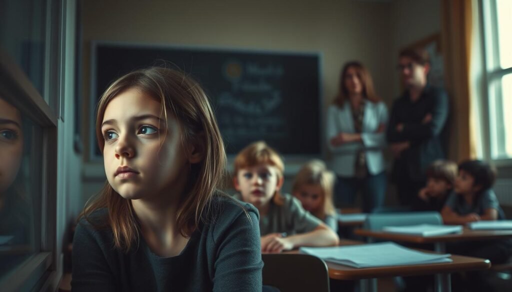 A dimly lit classroom, where a group of intelligent children sit, their faces masked by a veil of concentration. In the foreground, a young girl with a pensive expression gazes out the window, her mind seemingly elsewhere. The middle ground reveals other students, each lost in their own thoughts, their diverse talents and learning styles invisible to the untrained eye. In the background, a teacher stands, observing the scene with a thoughtful, empathetic gaze, understanding the unique challenges these &quot;twice-exceptional&quot; children face. The lighting is soft and moody, casting shadows that hint at the inner workings of these young, brilliant minds. The overall atmosphere conveys a sense of quiet introspection, reflecting the complexity and potential hidden within these remarkable individuals.