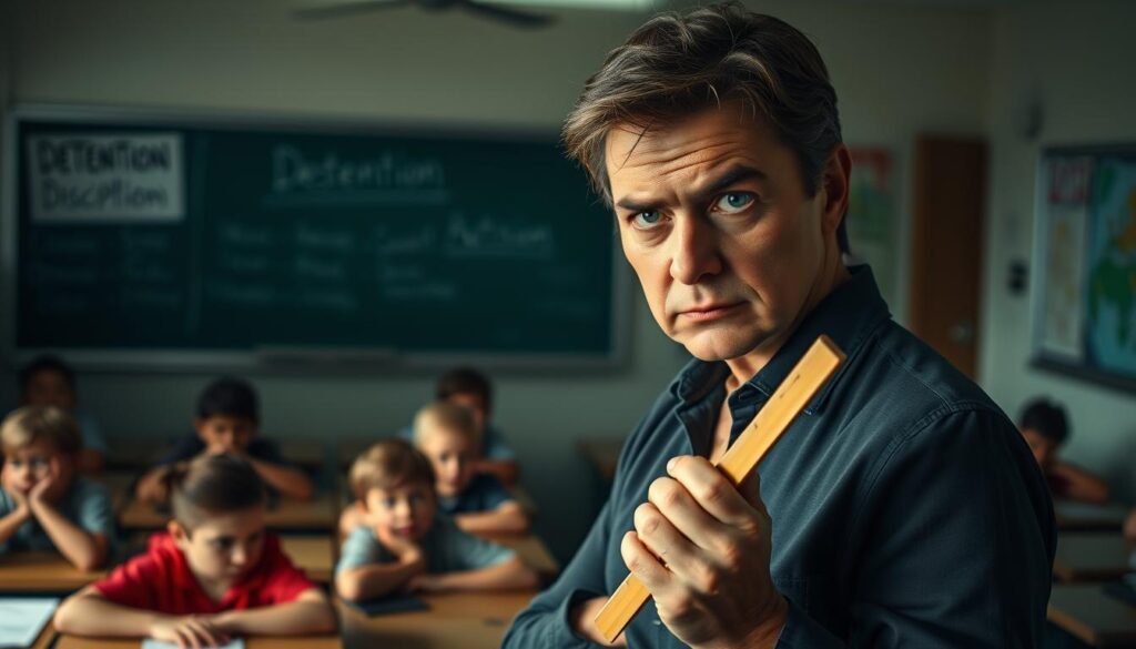 A dimly lit classroom, with autistic children sitting at desks, their faces reflecting confusion and frustration. In the foreground, a stern-looking teacher stands, wielding a ruler, their expression unyielding. The background fades into a blurred representation of traditional disciplinary methods, such as detention and punishment. The lighting is harsh, casting shadows that emphasize the disconnect between the teacher and the students. The overall atmosphere conveys the inadequacy of one-size-fits-all discipline for neurodiverse children, highlighting the need for a more compassionate, understanding approach.