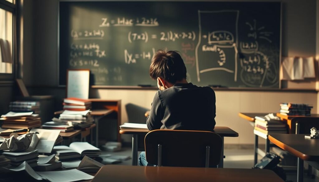 A dimly lit classroom with scattered textbooks, crumpled papers, and a lone student sitting at a desk, their head buried in their hands. The room is illuminated by a soft, warm light, casting shadows that highlight the student's sense of struggle and frustration. In the background, a chalkboard with half-erased equations and scribbles, representing the academic challenges they face. The scene conveys a palpable atmosphere of academic underachievement, where the student's body language and the cluttered environment suggest a lack of motivation and engagement with their studies.