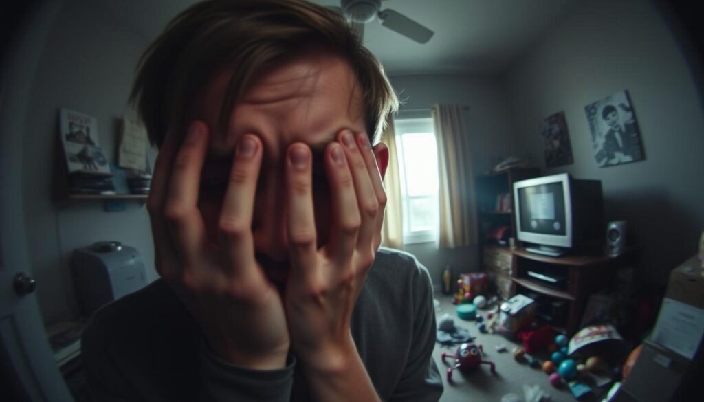 A dimly lit, cluttered bedroom with sensory overload triggers. In the foreground, a person's face is distorted, eyes shut tight, hands covering ears as they experience overwhelming stimuli. Muted colors, harsh shadows, and a slightly distorted, fish-eye lens effect create an anxious, disorienting atmosphere. The middle ground features various sensory input sources - flashing lights, a blaring TV, scattered toys, and an open window with bright, harsh sunlight streaming in. The background is hazy, blurred, and disjointed, further contributing to the sense of cognitive strain and distress.