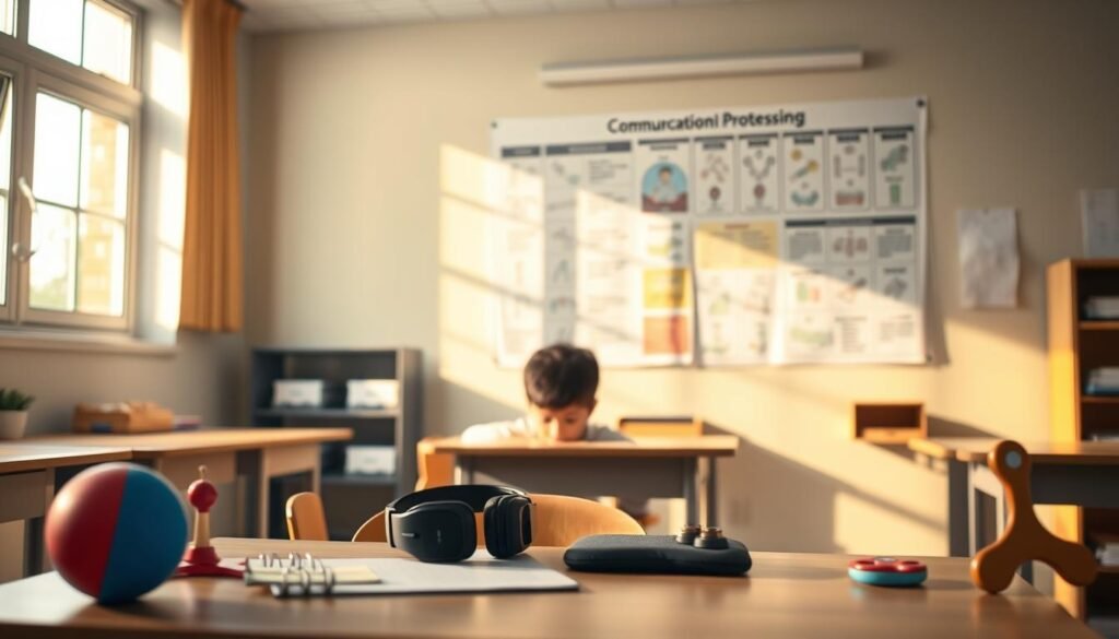 A dimly lit, cozy classroom with soft lighting from a window in the background. In the foreground, a young autistic person sits at a desk, deep in thought, surrounded by various sensory objects - a stress ball, noise-cancelling headphones, a weighted lap pad, and a fidget spinner. The middle ground features a sensory processing chart on the wall, highlighting different techniques for improving communication. The atmosphere is calming and understanding, conveying the importance of tailored strategies for autistic individuals to express themselves effectively. A dimly lit, cozy classroom with soft lighting from a window in the background. In the foreground, a young autistic person sits at a desk, deep in thought, surrounded by various sensory objects - a stress ball, noise-cancelling headphones, a weighted lap pad, and a fidget spinner. The middle ground features a sensory processing chart on the wall, highlighting different techniques for improving communication. The atmosphere is calming and understanding, conveying the importance of tailored strategies for autistic individuals to express themselves effectively.