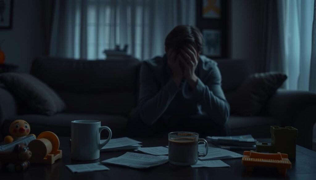 A dimly lit living room, with a worn-out parent sitting on a couch, their head in their hands. Shadows cast across their face, conveying exhaustion and emotional strain. In the foreground, a cluttered coffee table, with scattered papers, a half-empty cup of coffee, and a few toys, symbolizing the demands of caring for an autistic child. The background is blurred, suggesting a sense of isolation and overwhelming responsibilities. The lighting is soft and muted, creating a somber, introspective atmosphere. A sense of the parent's inner turmoil and the need for self-care is palpable throughout the scene.