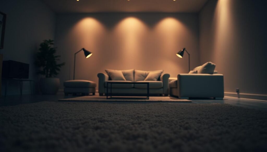 A dimly lit, sensory-processing disorder-friendly environment. In the foreground, a soft, textured rug in muted colors covers the floor, providing a calming, grounding surface. The middle ground features comfortable, oversized furniture in neutral tones, inviting a sense of security and control. Indirect, adjustable lighting casts a warm, soothing glow, minimizing harsh shadows and sensory overwhelm. The background depicts a simple, neutral-colored wall, free of distracting patterns or bright colors. An overall sense of tranquility and balance pervades the scene, creating an environment tailored to the unique needs of individuals with sensory processing challenges. A dimly lit, sensory-processing disorder-friendly environment. In the foreground, a soft, textured rug in muted colors covers the floor, providing a calming, grounding surface. The middle ground features comfortable, oversized furniture in neutral tones, inviting a sense of security and control. Indirect, adjustable lighting casts a warm, soothing glow, minimizing harsh shadows and sensory overwhelm. The background depicts a simple, neutral-colored wall, free of distracting patterns or bright colors. An overall sense of tranquility and balance pervades the scene, creating an environment tailored to the unique needs of individuals with sensory processing challenges.