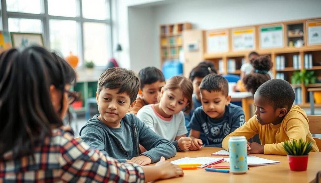 A diverse group of students collaborating in an inclusive classroom setting. In the foreground, a teacher assists a student with special needs, providing personalized attention. The middle ground features students of varying abilities engaged in group activities, demonstrating integrated learning. The background showcases an inviting, well-equipped classroom with ample natural lighting, fostering an atmosphere of inclusivity and belonging. The scene conveys a sense of harmony, cooperation, and the valuable specialized support available within an inclusive educational environment.