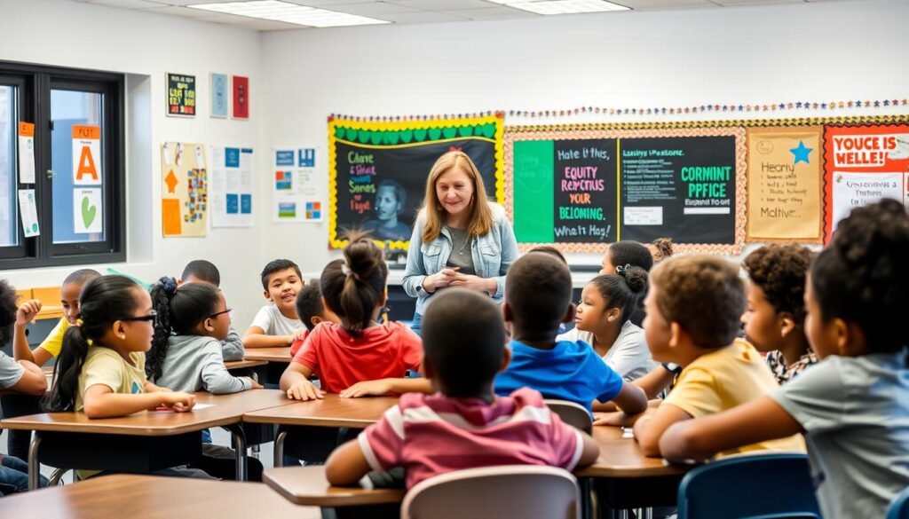 A diverse group of students from various backgrounds gather in a modern, well-lit classroom. In the foreground, a mix of students, representing different races, ethnicities, and abilities, sit together at desks, engaged in collaborative learning. Midground, the teacher, a caring figure, stands among the students, facilitating discussion and ensuring an inclusive environment. In the background, vibrant wall displays showcase student artwork and motivational messages, reflecting the school's commitment to equity and belonging. The scene exudes a sense of harmony, respect, and the powerful potential of inclusive education.