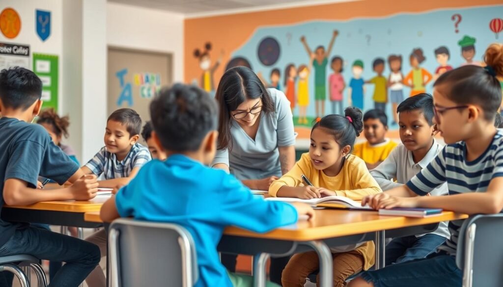 A diverse group of students of different ages, abilities, and backgrounds engaged in collaborative learning activities in a well-lit, modern classroom. The foreground features a mix of students working together at desks, while the middle ground shows a teacher assisting an individual student. The background depicts a vibrant mural depicting symbols of unity, acceptance, and academic achievement. The overall scene conveys a sense of inclusivity, support, and a nurturing educational environment.