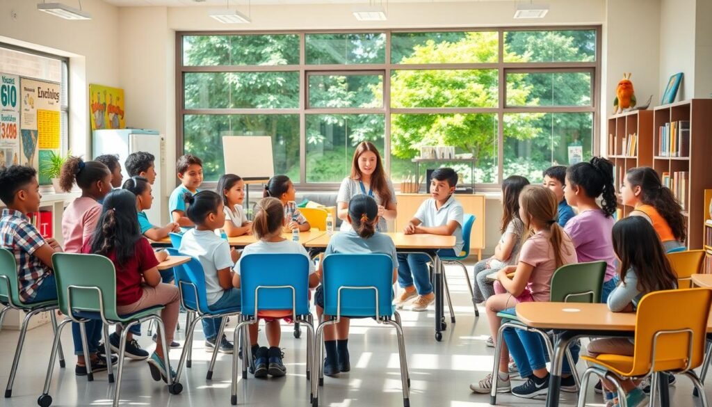 A diverse group of students of various ages, ethnicities, and abilities gather in a sunlit, airy classroom. The foreground features an inclusive seating arrangement with differently-sized chairs, standing desks, and a range of assistive learning tools. In the middle ground, the teacher facilitates a collaborative group discussion, demonstrating inclusive teaching practices. The background depicts vibrant wall displays, shelves of inclusive literature, and large windows overlooking a lush, verdant schoolyard. The overall scene conveys a welcoming, equitable, and nurturing learning environment that celebrates diversity and supports the unique needs of all learners.