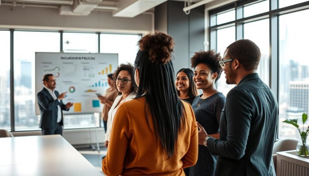 A diverse team of professionals collaborating in a well-lit, modern office space. In the foreground, colleagues from various backgrounds engage in a lively discussion, their body language and facial expressions conveying openness and respect. In the middle ground, a whiteboard displays visuals and data representing inclusive workplace policies and initiatives. The background features large windows overlooking an urban skyline, creating a sense of connection to the broader community. Warm, neutral tones and soft, directional lighting evoke a welcoming and productive atmosphere, encouraging creativity and open communication.