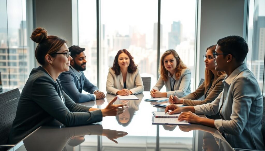 A group of diverse professionals engaged in a collaborative meeting, sitting around a polished conference table. Soft, even lighting illuminates their faces, conveying a sense of focused discussion and openness. In the foreground, a woman gestures animatedly, capturing the attention of her colleagues. The middle ground features a mix of nodding heads and pensive expressions, while the background showcases a modern, minimalist office space with floor-to-ceiling windows overlooking a bustling cityscape. The overall mood is one of engaged, productive dialogue as the stakeholders work together to set realistic expectations. A group of diverse professionals engaged in a collaborative meeting, sitting around a polished conference table. Soft, even lighting illuminates their faces, conveying a sense of focused discussion and openness. In the foreground, a woman gestures animatedly, capturing the attention of her colleagues. The middle ground features a mix of nodding heads and pensive expressions, while the background showcases a modern, minimalist office space with floor-to-ceiling windows overlooking a bustling cityscape. The overall mood is one of engaged, productive dialogue as the stakeholders work together to set realistic expectations.