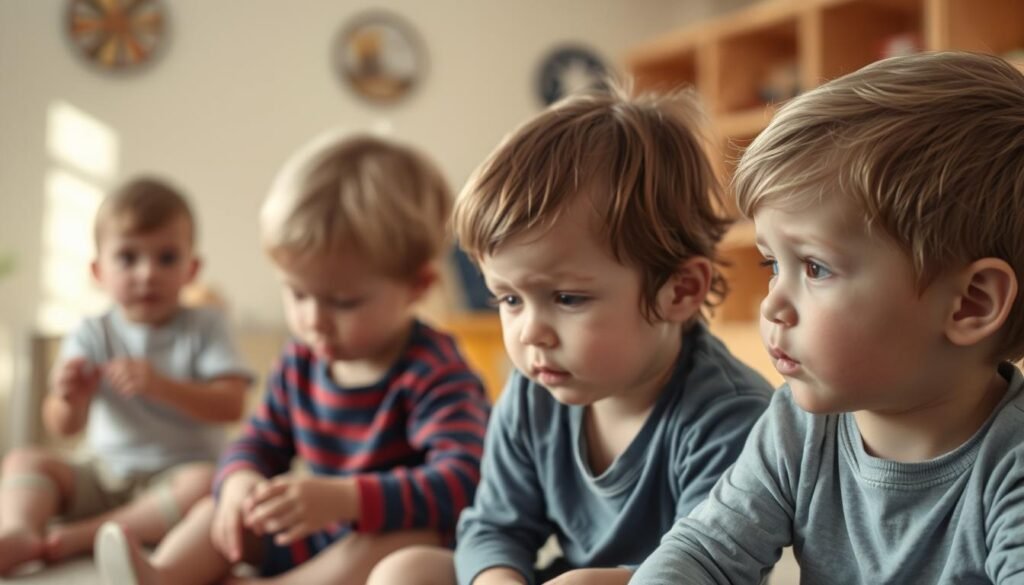 A group of young children playing and interacting, with subtle signs of autism spectrum disorder (ASD) visible in their behaviors and facial expressions. Soft, natural lighting illuminates the scene, capturing the innocent and vulnerable nature of the subjects. The foreground features children engaged in solitary play or repetitive movements, while the middle ground shows them attempting to socialize with hesitation and discomfort. The background suggests a warm, nurturing environment, like a classroom or playroom, to emphasize the importance of early intervention and support for children with ASD.