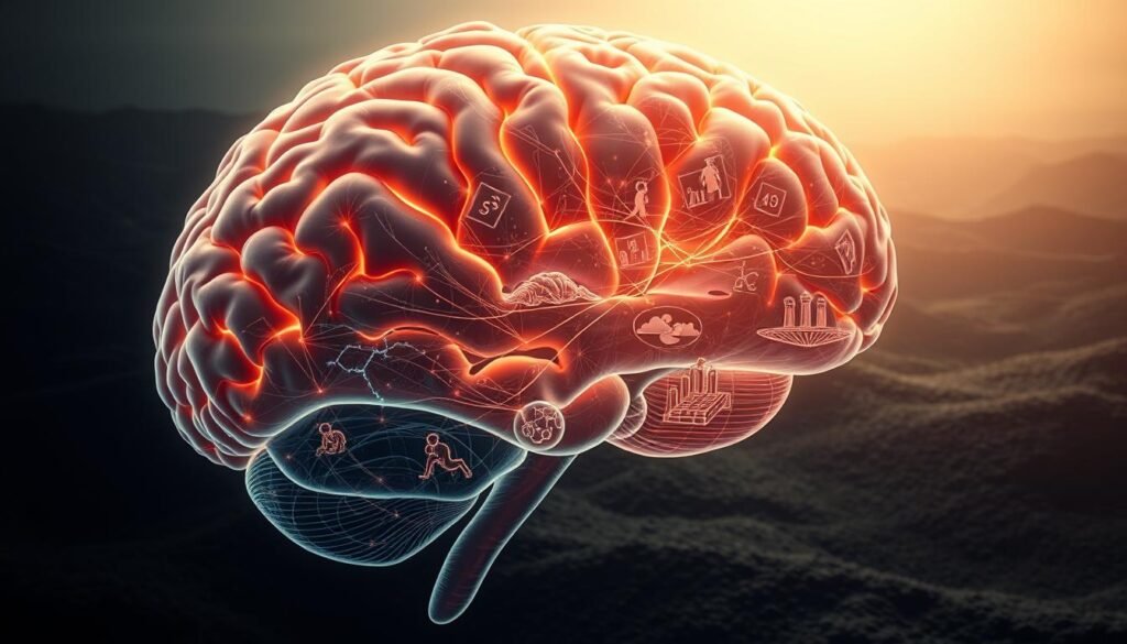 A highly detailed and photorealistic digital illustration depicting the concept of neuroplasticity and behavioral adaptation. In the foreground, a human brain is shown in cross-section, with dynamic neural connections and pathways illuminated with a warm, glowing light. In the middle ground, a series of visual metaphors represent the process of behavioral change, such as a person navigating a complex maze or adapting to a new environment. The background features a subtle, textured landscape that evokes the natural world, hinting at the evolutionary origins of these cognitive processes. The overall scene is bathed in a soft, contemplative lighting that enhances the sense of depth and wonder. Rendered with exceptional clarity, detail, and a keen eye for scientific accuracy.