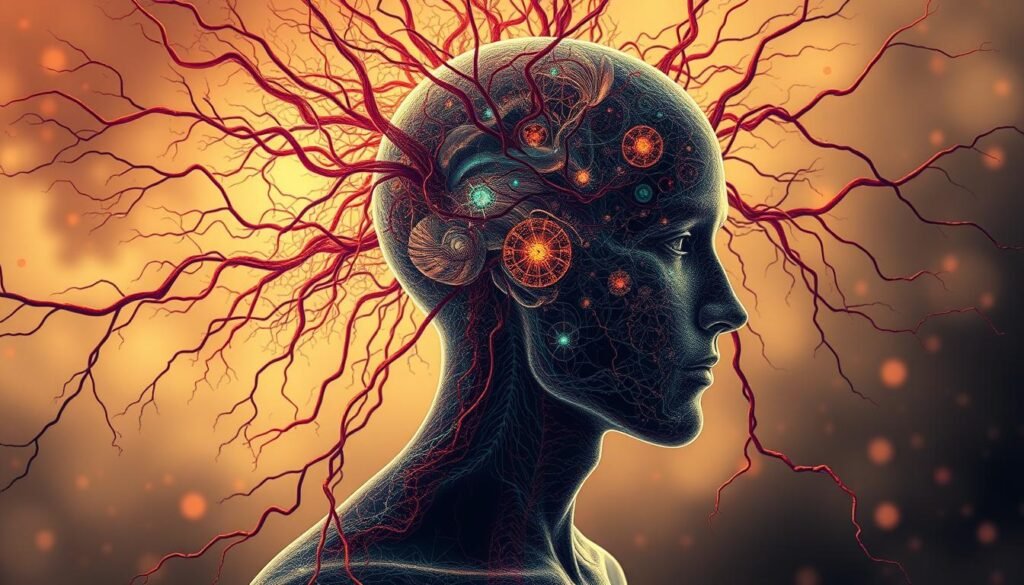 A highly detailed, intricate, and visually striking illustration of the neurological processing and cognitive experiences of autistic individuals. The foreground depicts a vibrant, swirling neural network, with complex patterns and interconnected pathways representing the unique sensory processing and information processing challenges often faced by those on the autism spectrum. The middle ground showcases a human figure, their head rendered as a transparent, glass-like structure, allowing a glimpse into the inner workings of their mind - a maze of sensory inputs, emotions, and thought processes. The background features a softly blurred, muted color palette, creating a sense of depth and emphasizing the intricacy of the central subject. Lighting is warm and diffused, lending a thoughtful, introspective atmosphere. The overall composition conveys the profound depth and nuance of the autistic experience, inviting the viewer to better understand the unique neural processing that shapes the lives of those on the