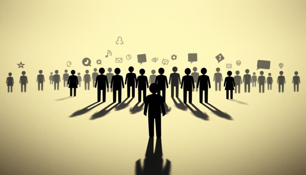 A minimalist, high-contrast representation of autism communication barriers. In the foreground, a simplified human figure made of angular shapes, unable to connect with other figures in the middle ground. The middle ground depicts a field of abstract, geometric symbols and shapes, representing the challenges in transmitting and receiving information. The background is a muted, neutral tone, emphasizing the isolation and disconnect. Dramatic lighting casts long shadows, adding a sense of weight and difficulty. The overall composition conveys the sense of separation, confusion, and the struggle to bridge the communication gap inherent in autism spectrum disorders.