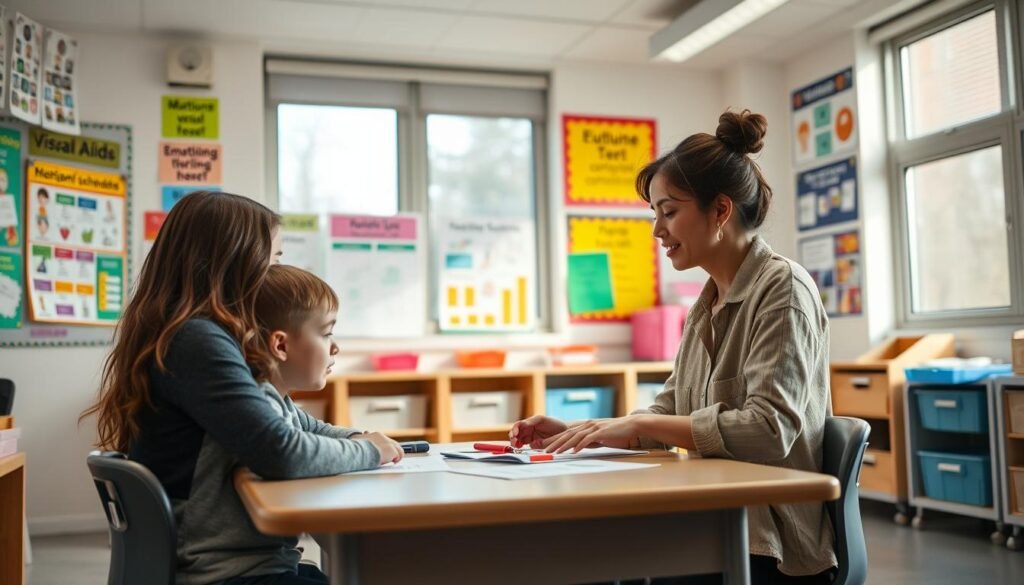 A neatly organized classroom with colorful visual aids on the walls, including visual schedules, emotion charts, and clear signage. In the foreground, a teacher sits at a desk, patiently explaining concepts to an autistic student using hands-on tactile materials and simple, structured activities. The student appears engaged and focused, their attention guided by the teacher's gentle demeanor and the structured environment. Soft, natural lighting filters in through large windows, creating a calming, inviting atmosphere. The scene conveys the importance of using visual cues and a structured approach to help autistic individuals understand and navigate boundaries.