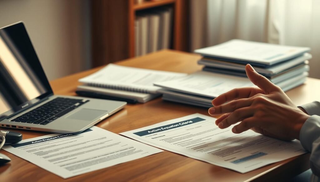 A neatly organized desk with a laptop, files, and documents related to the autism evaluation criteria. A medical professional's hand gestures as they review the paperwork. Warm, neutral lighting casts a focused, analytical atmosphere. The scene conveys the meticulous process of assessing and documenting an individual's autism diagnosis, with attention to detail and care. The background is blurred, keeping the focus on the essential documentation and evaluation elements.