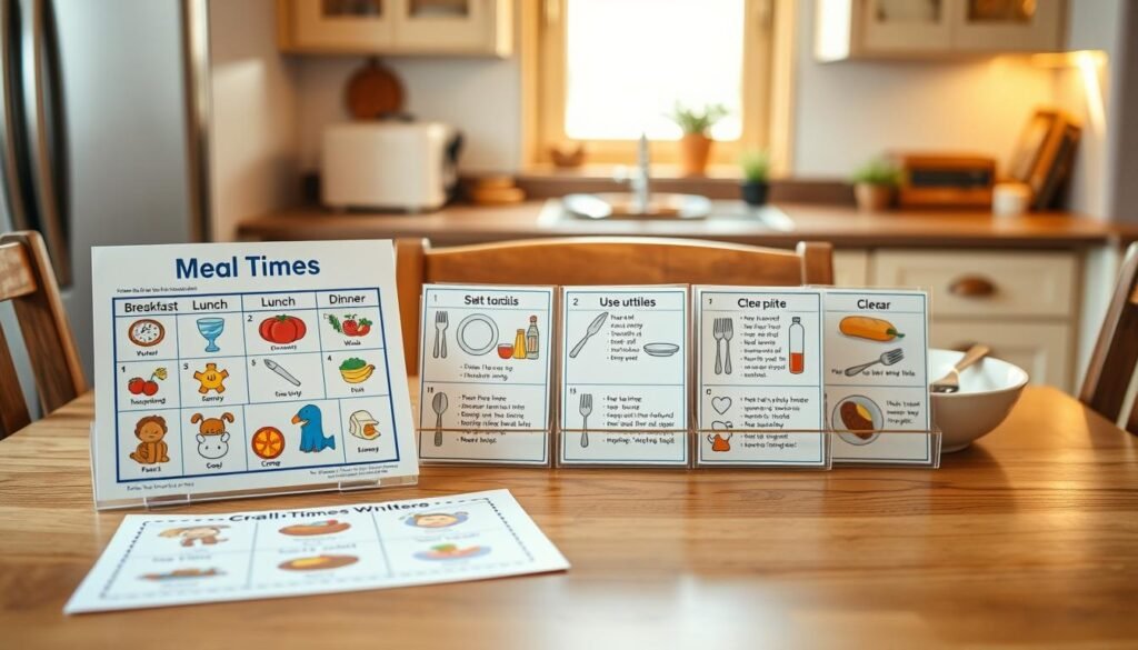 A neatly organized mealtime schedule for a child with autism, laid out on a wooden kitchen table. In the foreground, a colorful illustrated guide with icons depicting breakfast, lunch, and dinner. In the middle, a set of laminated cards with images and text outlining the step-by-step sequence of mealtime activities, such as washing hands, sitting at the table, using utensils, and clearing the plate. The background features a warm, natural lighting, emphasizing the cozy, comforting atmosphere of a familiar household environment. The overall composition conveys a sense of structure, predictability, and visual cues to help the child navigate the mealtime routine with confidence and independence.