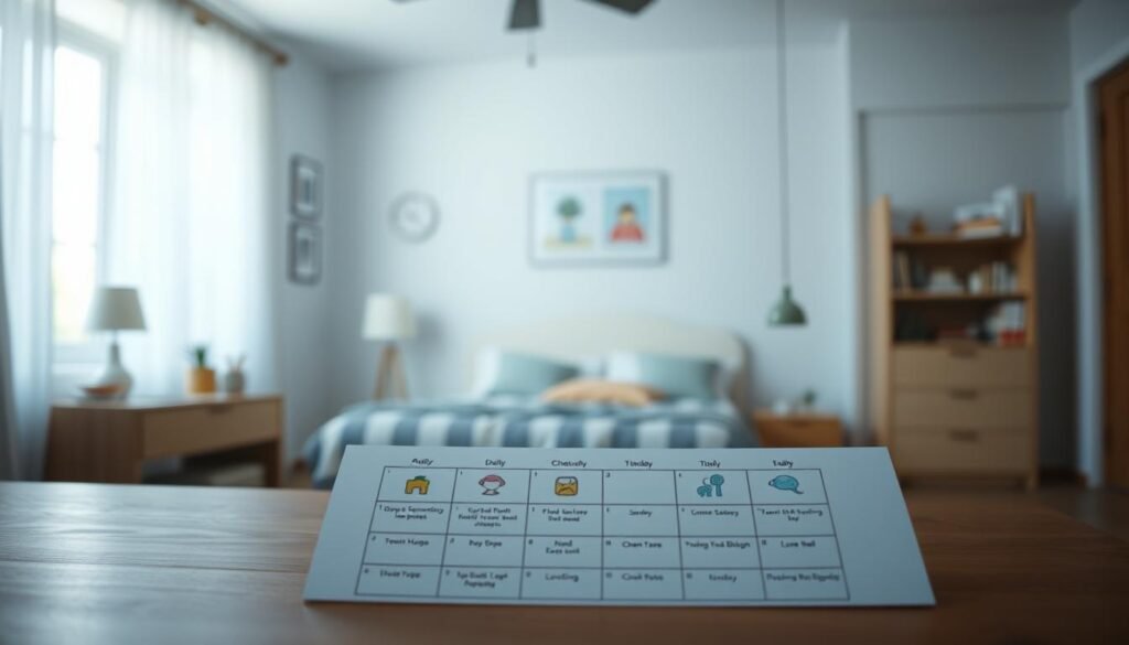 A neatly organized visual schedule depicting the daily routine for a child with autism. The foreground features a clean, minimalist layout with colorful icons and clear labels for each activity, arranged in a logical sequence. The middle ground showcases the child's bedroom, with soothing pastel walls, a cozy bed, and simple furnishings. The background presents a soft, blurred view of the child's home, conveying a sense of comfort and familiarity. The lighting is gentle, creating a calming atmosphere that promotes focus and a smooth transition between tasks. The overall mood is one of structure, clarity, and understanding, reflecting the importance of predictable routines for individuals on the autism spectrum. A neatly organized visual schedule depicting the daily routine for a child with autism. The foreground features a clean, minimalist layout with colorful icons and clear labels for each activity, arranged in a logical sequence. The middle ground showcases the child's bedroom, with soothing pastel walls, a cozy bed, and simple furnishings. The background presents a soft, blurred view of the child's home, conveying a sense of comfort and familiarity. The lighting is gentle, creating a calming atmosphere that promotes focus and a smooth transition between tasks. The overall mood is one of structure, clarity, and understanding, reflecting the importance of predictable routines for individuals on the autism spectrum.