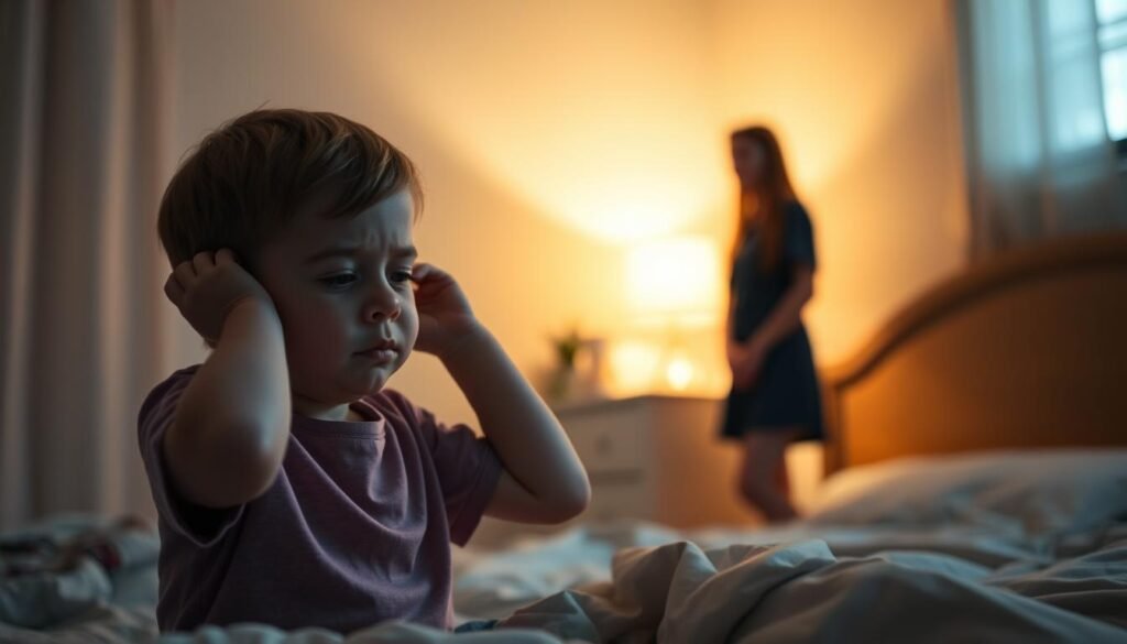 A nighttime bedroom scene illuminated by a soft, warm glow from a bedside lamp. In the foreground, a child with autism spectrum disorder (ASD) exhibits common bedtime behaviors - fidgeting, rocking, or covering their ears. Their facial expression conveys a sense of distress or overstimulation. In the middle ground, the child's caregiver approaches with a gentle, empathetic demeanor, offering comfort and reassurance. The background is subtly blurred, conveying a sense of tranquility and intimacy. The overall mood is one of understanding and support, capturing the essence of recognizing and addressing ASD-related bedtime struggles.